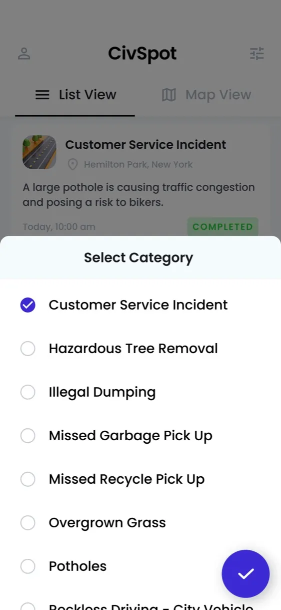 CivSpot app category picker: potholes, missed garbage pickup, illegal dumping and more