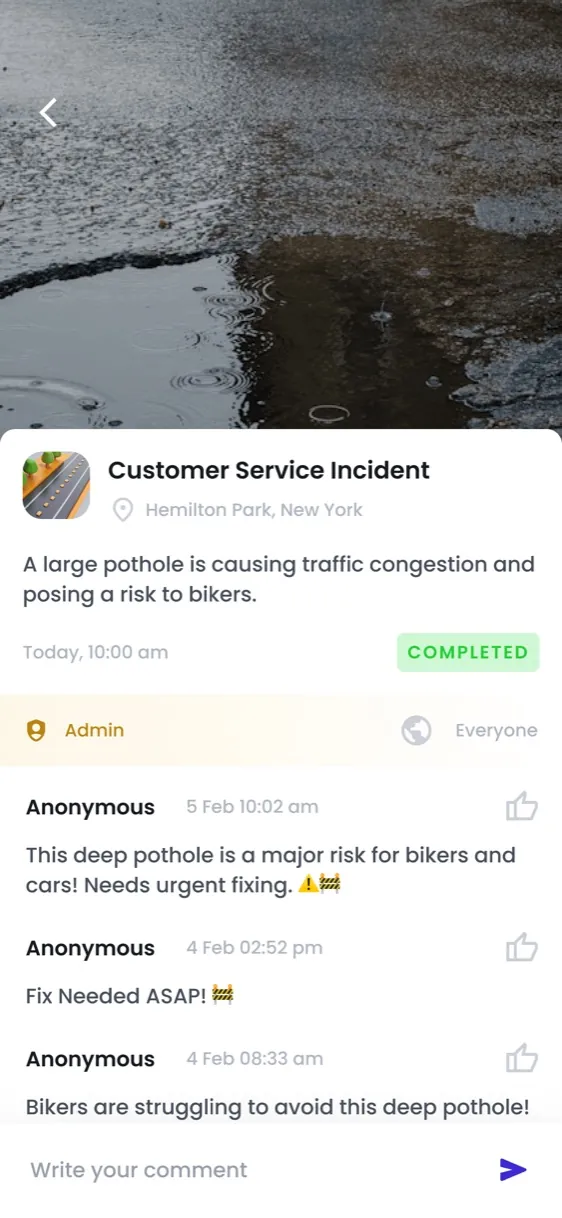 CivSpot report detail with status, admin note and resident comments