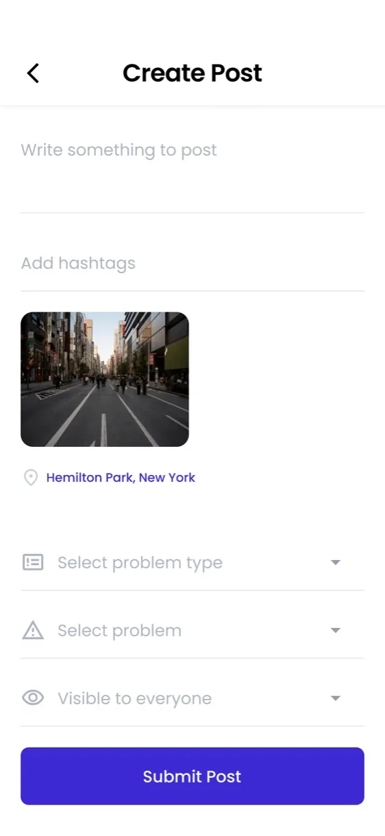CivSpot app screen for creating a report with a photo and location