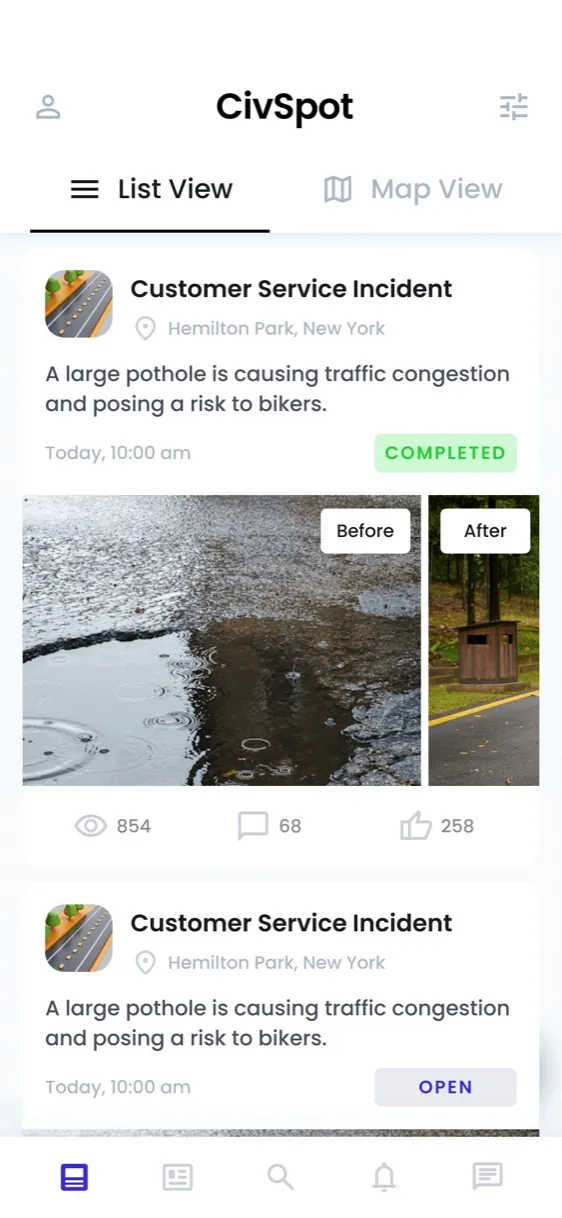 CivSpot app list view of resident reports with status and before-and-after photos