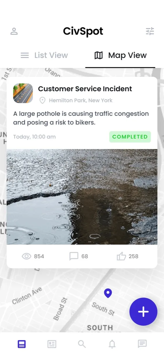 CivSpot app map view showing a reported pothole near the street