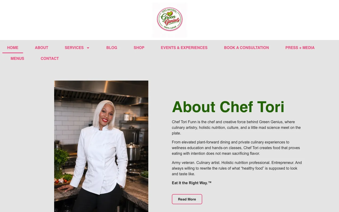Green Genius Meals website home page