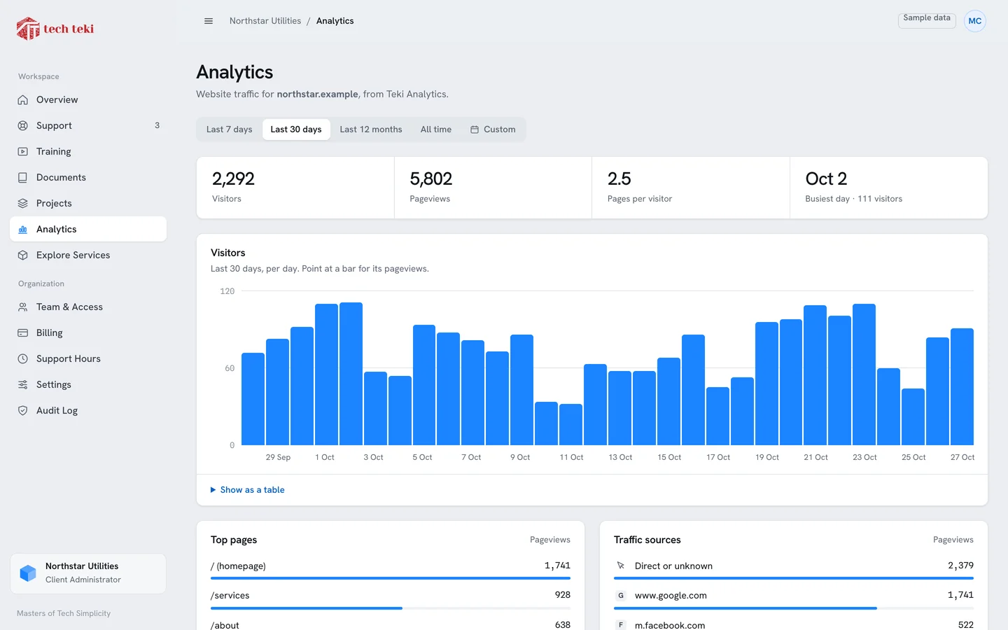 Teki Analytics in the Client Hub: visitors, pageviews and a daily visitors chart